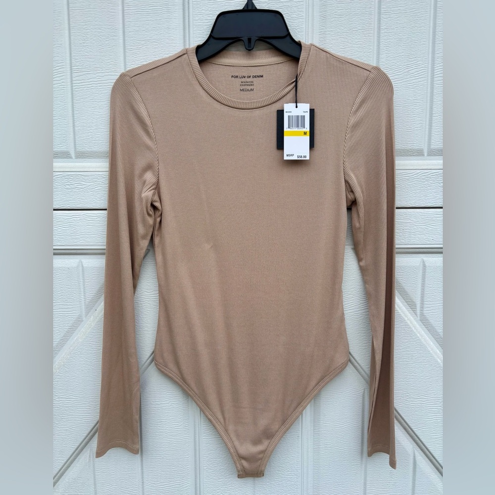 For Luv of Denim Ribbed Bodysuit Taupe Long Sleeve M NWT